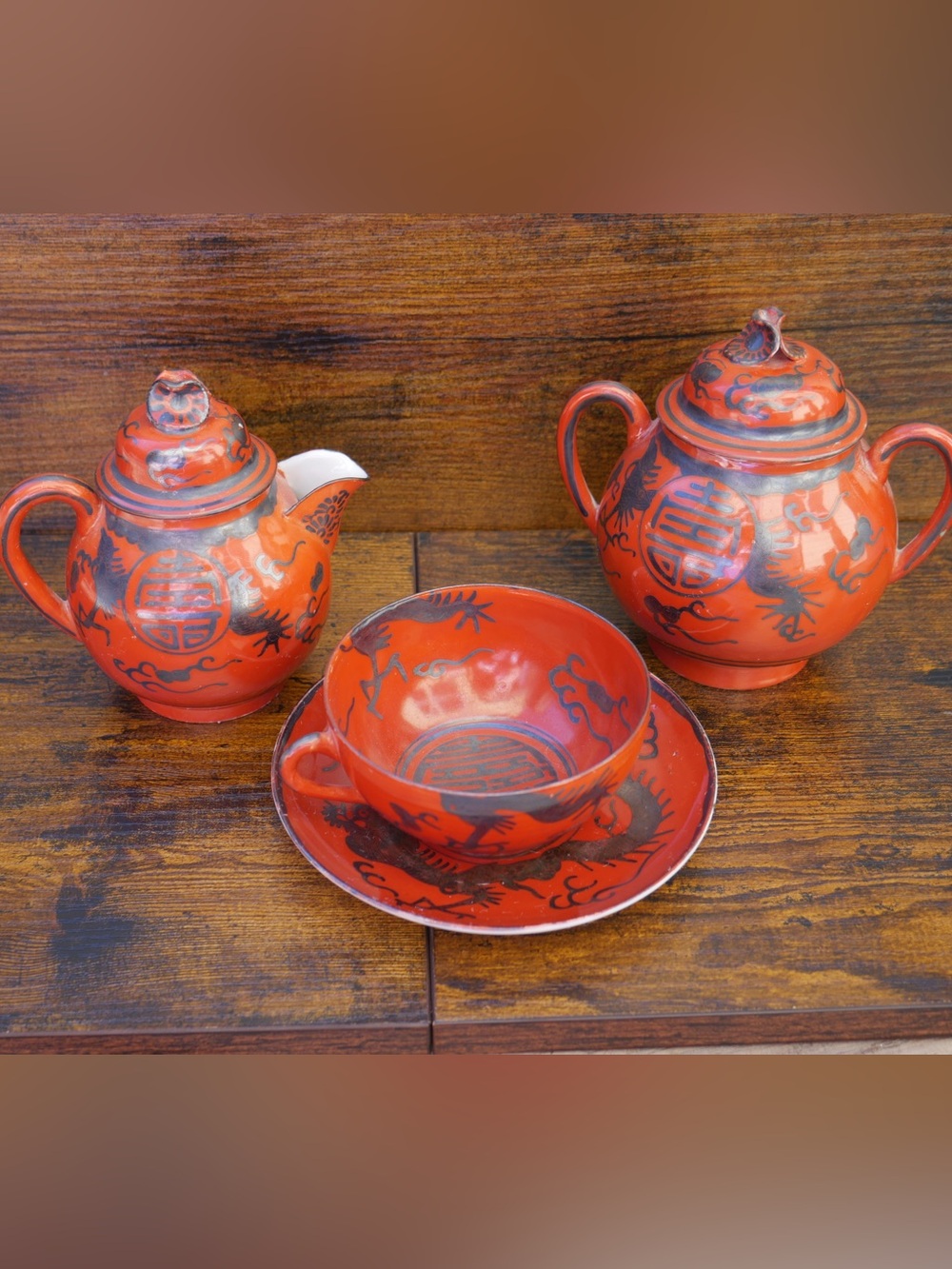 Meiji Period Red Dragon Ceramic Tea Set Cup & Saucer
